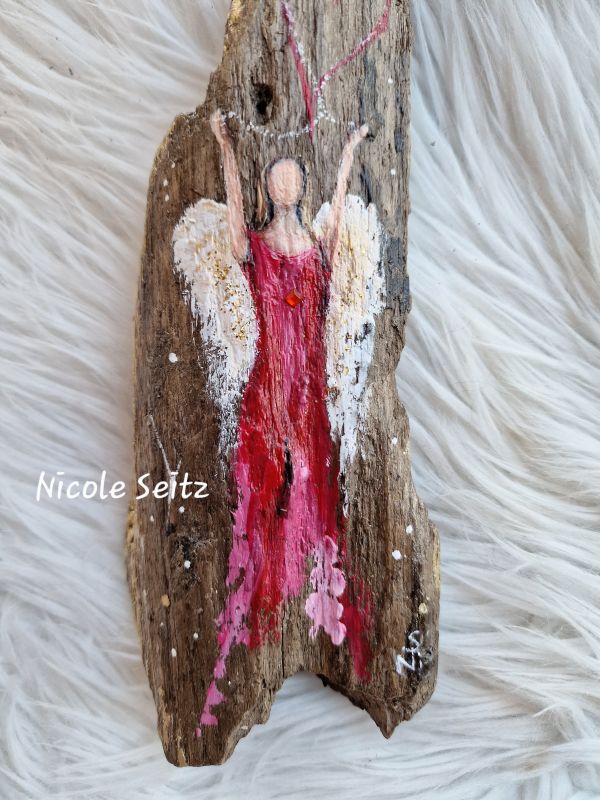Schutzengel auf Treibholz gemalt * 20 x 7 x 3,5 cm * Treibholz Bodensee * Rot * Herz